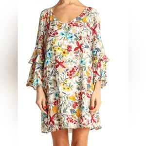 ◇Entro Beige Tropical Print Shift Dress Mini Babydoll Dress SZ Small 5 For 25